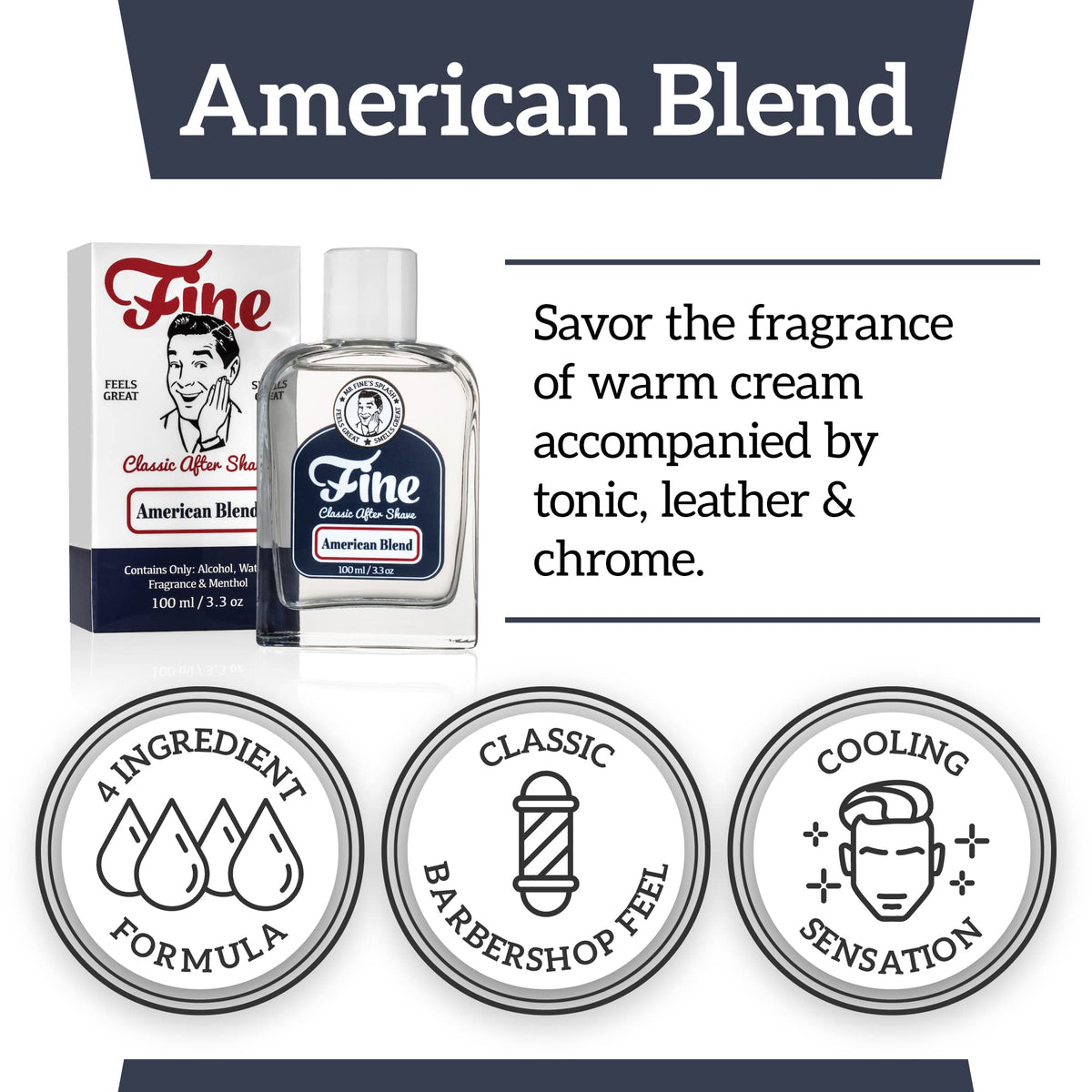 Close up of the label on Fine Classic After Shaving Splash highlighting the four ingredient formula