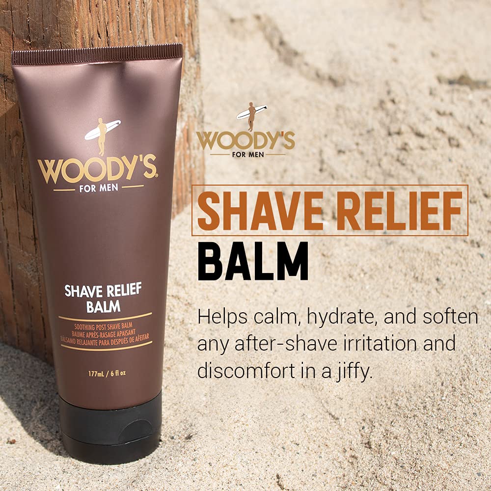 Woody's post shave balm for healing razor burn and calming sensitive skin irritation.