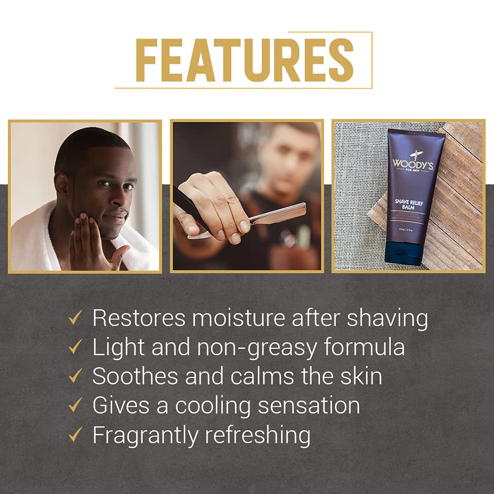 Woody's professional grooming shave relief balm tube highlighting the aloe and vitamin e formula.