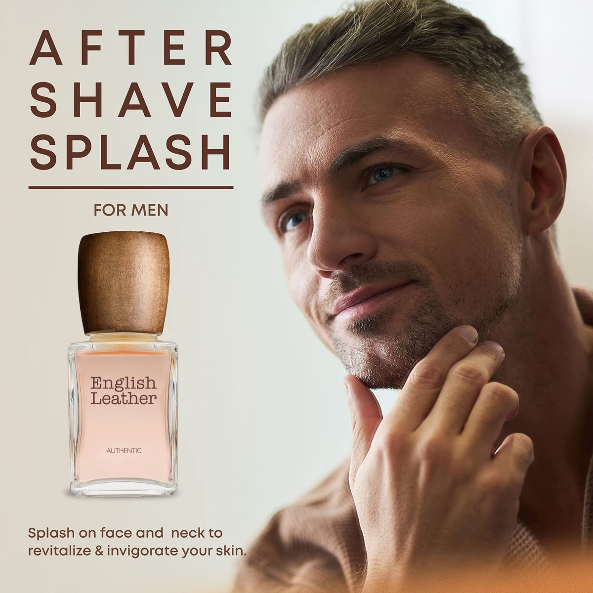 Close-up of the front label of Dana English Leather traditional post-shave skin toner.