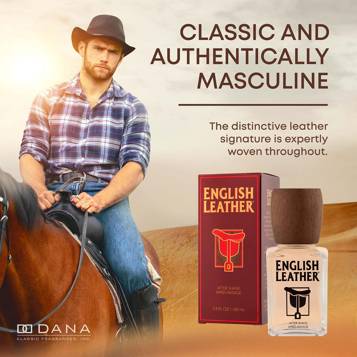 The 3.4 Ounce bottle of imported English Leather aftershave displayed alongside its outer packaging box.