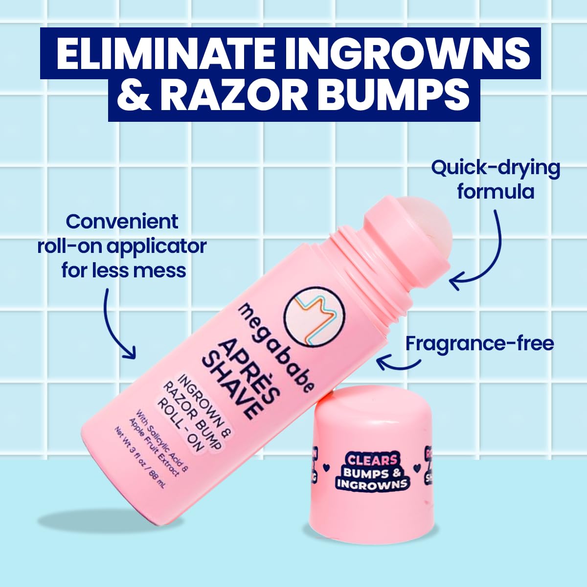 Megababe Après Shave ingrown hair rollerball applicator close up packaging
