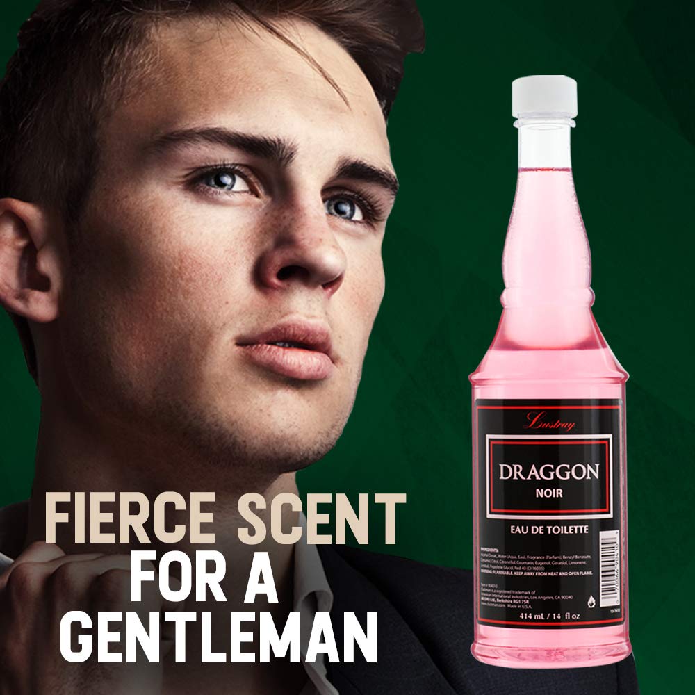 Clubman Lustray Draggon Noir Post Shave Lotion showing fluid details and classic barbershop packaging