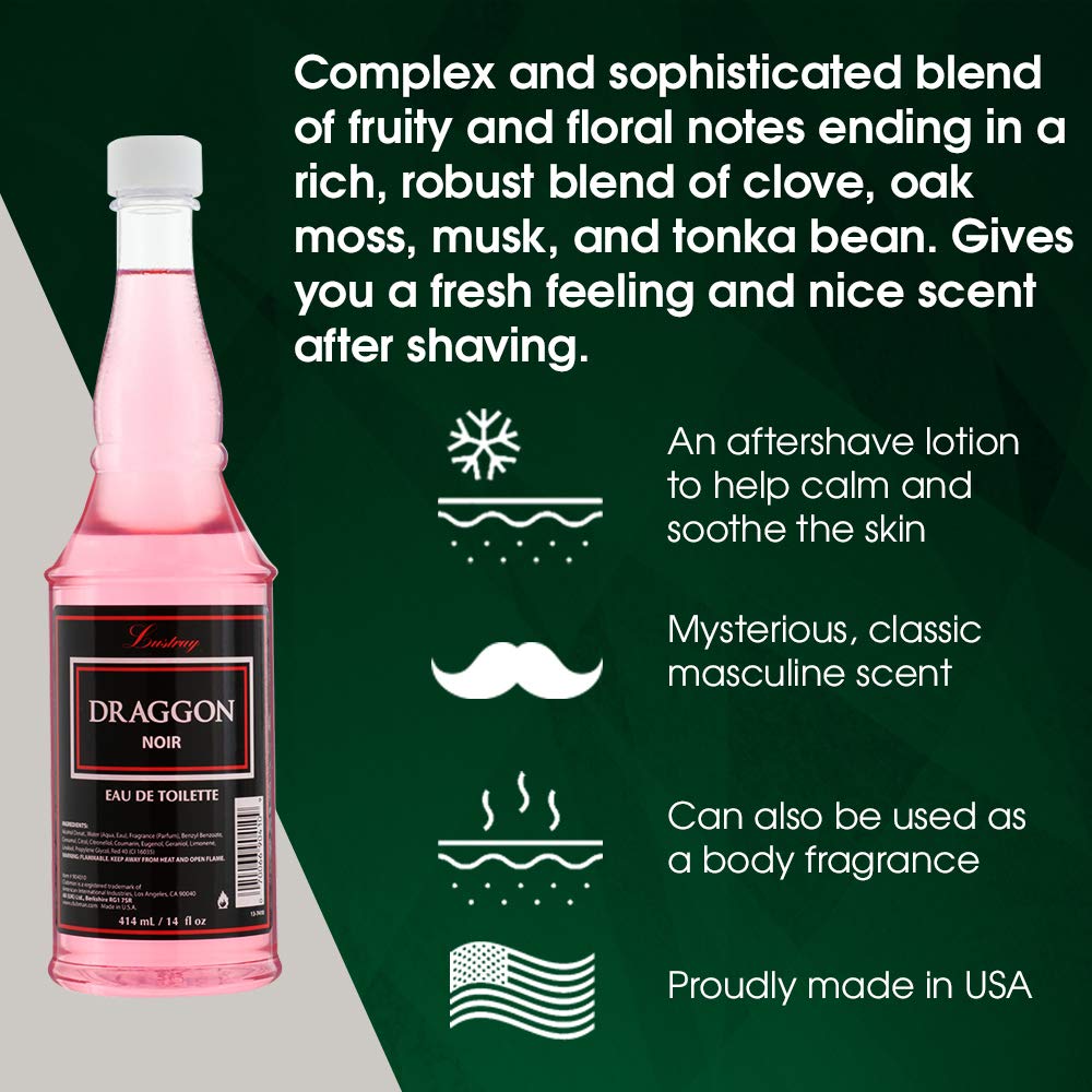 Clubman Lustray Draggon Noir fragrance splash bottle highlighting the genuine USA imported label