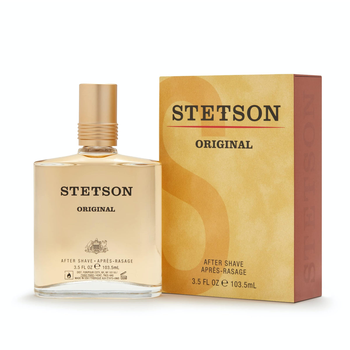Stetson aftershave splash 3.5 fluid ounce packaging displaying the classic brand logo.