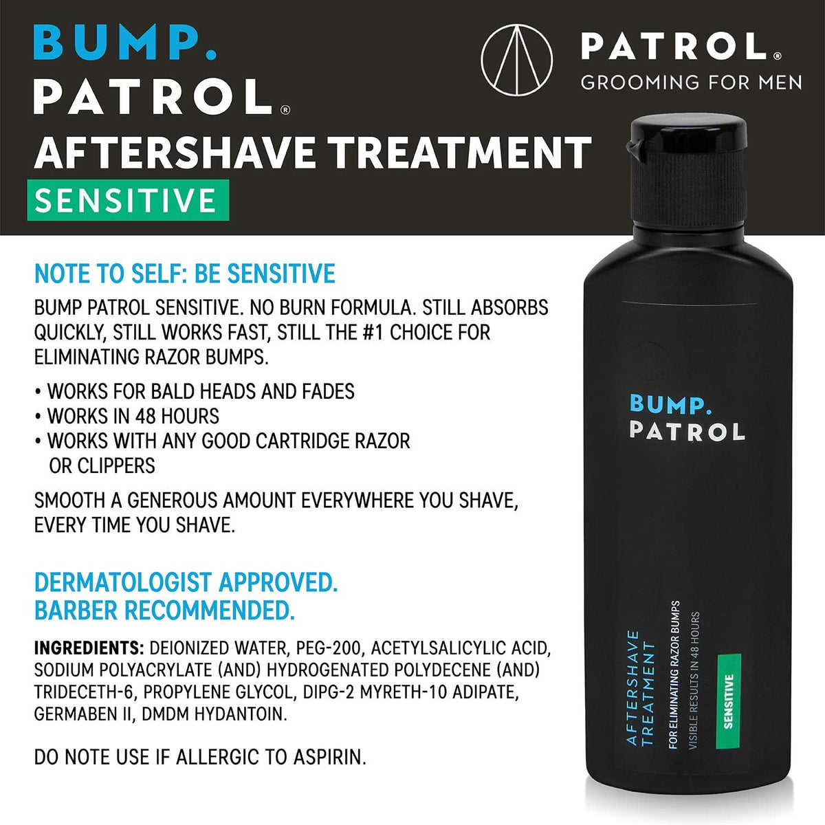 Bump Patrol sensitive after shave solution packaging details for ingrown hair treatment.