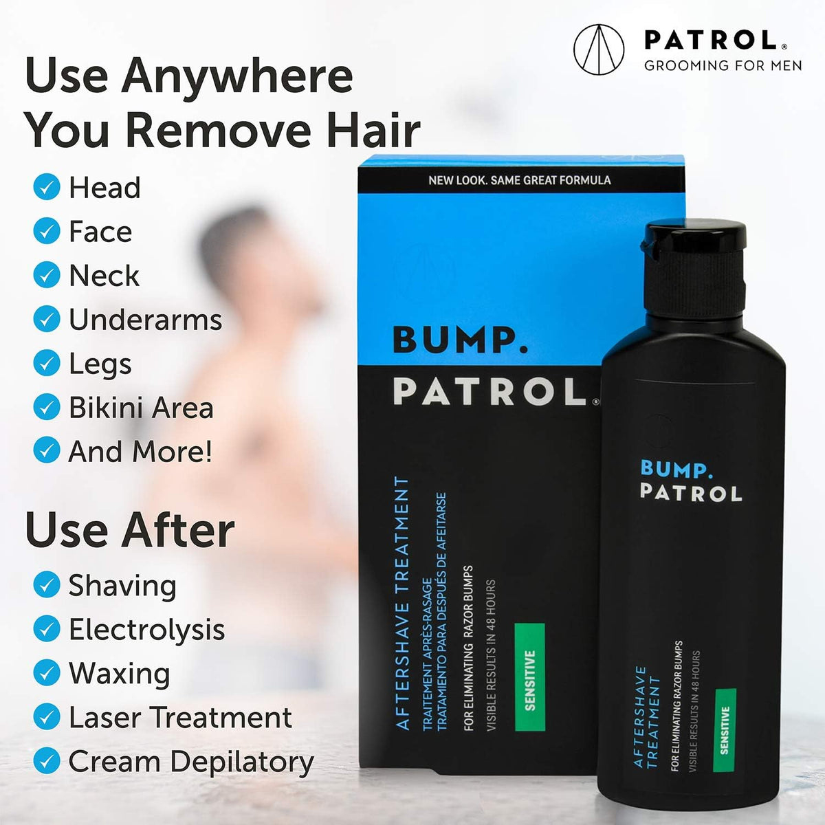 Alcohol free aftershave serum bottle by Bump Patrol for sensitive skin care.