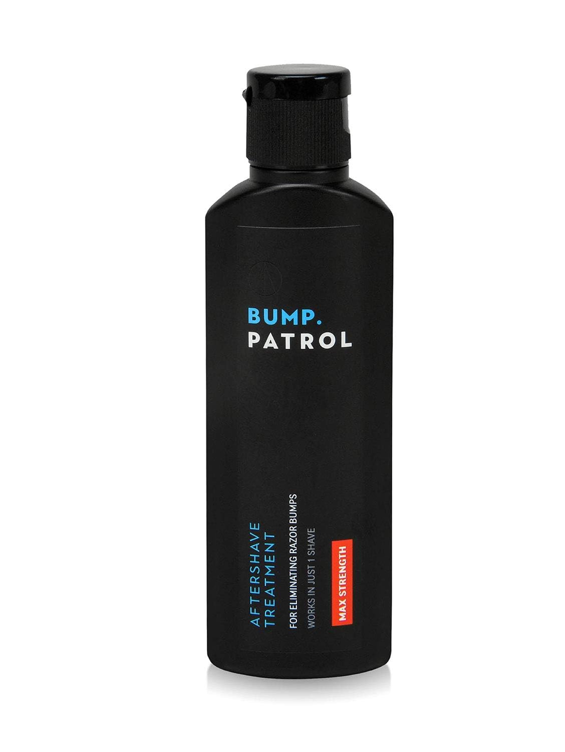 Side profile of Bump Patrol four ounce aftershave solution showing instructions for use
