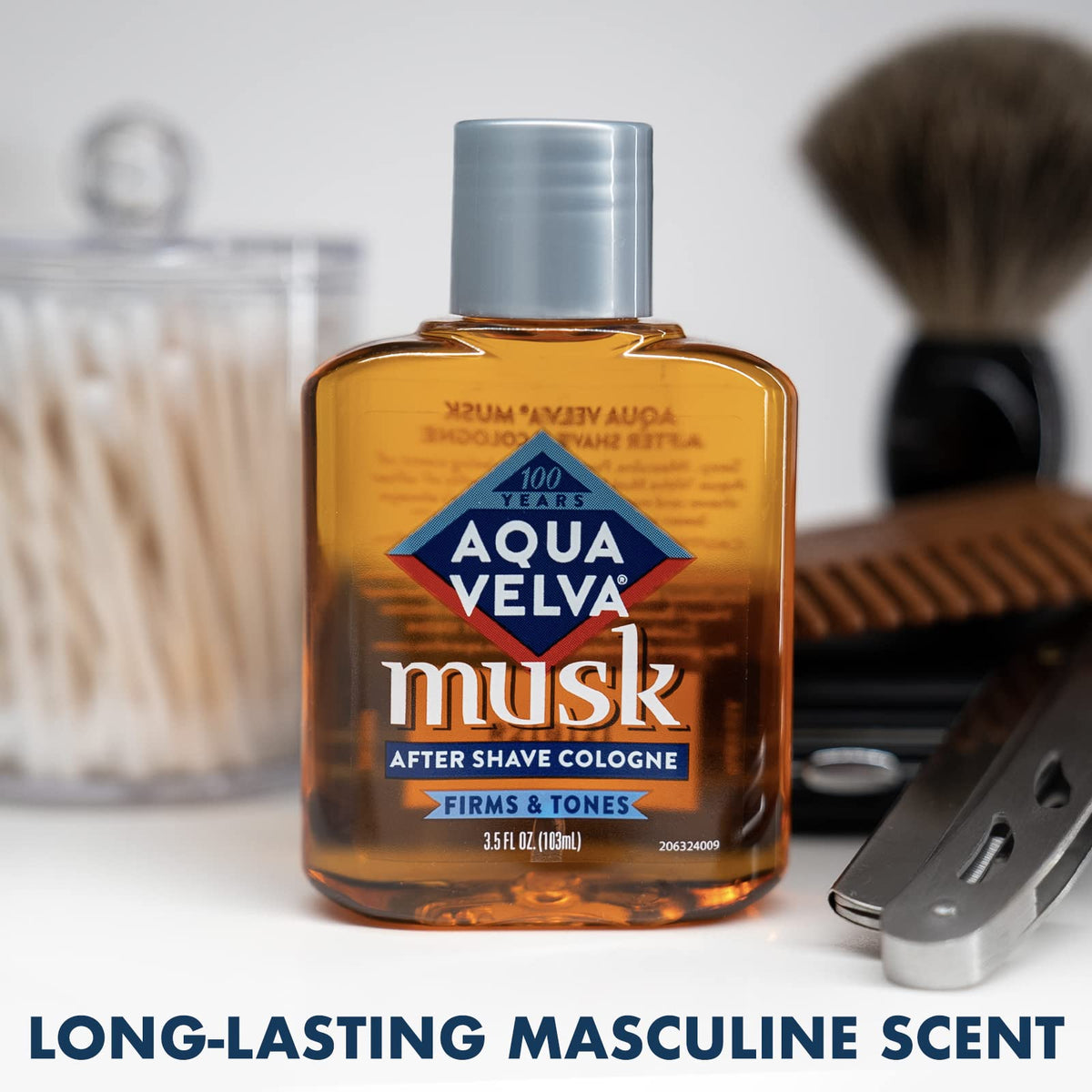 Shatterproof plastic bottle of authentic imported Aqua Velva Musk post shave liquid