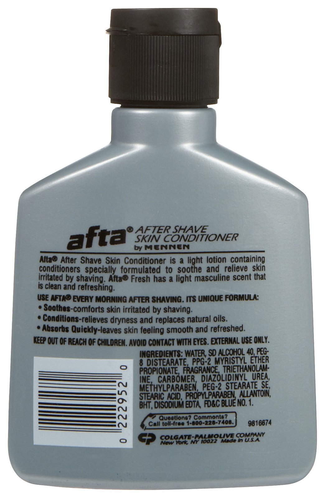 Close up shot of the packaging for alcohol free aftershave lotion by Mennen