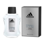 Adidas Dynamic Pulse 100ml aftershave splash showing the recycled glass packaging.