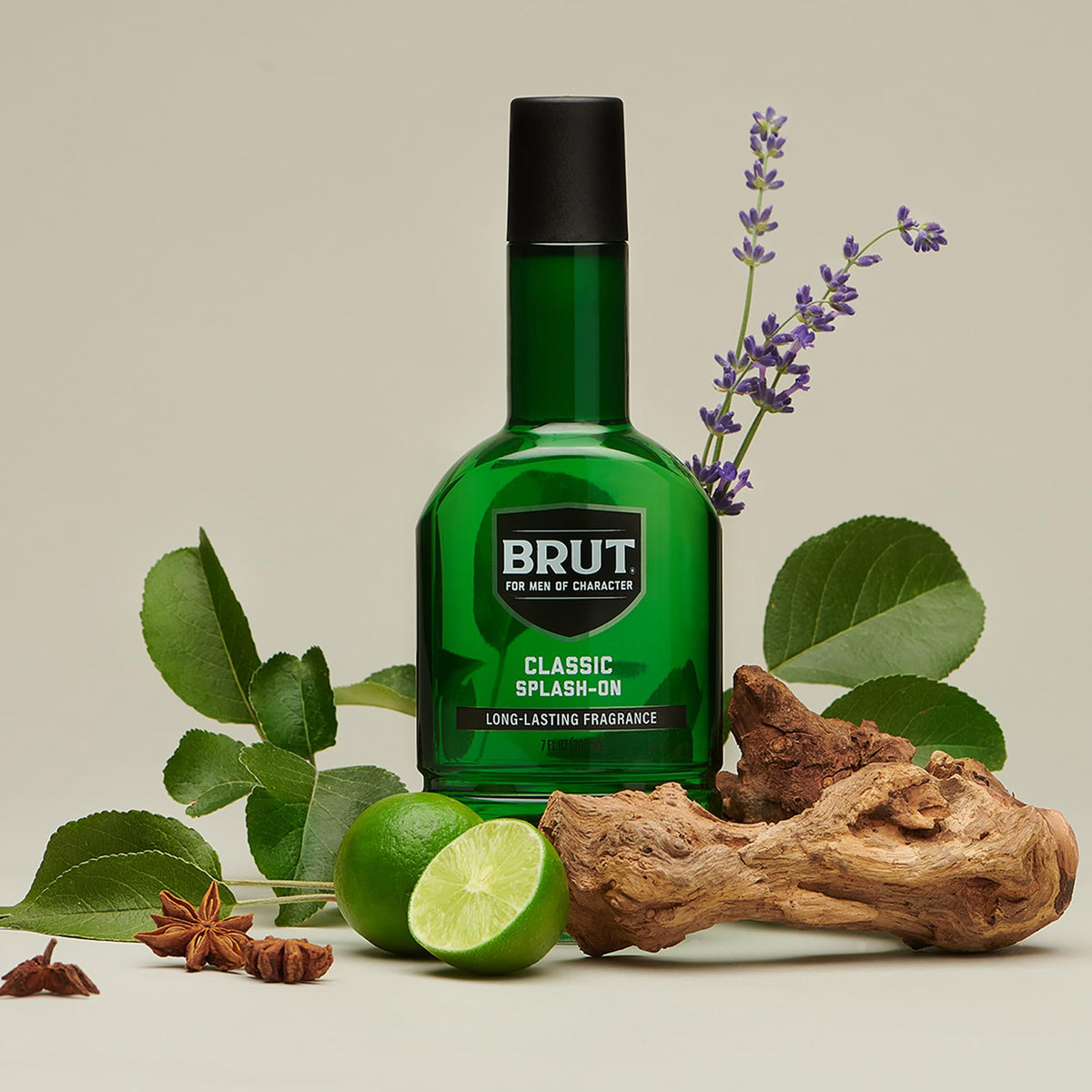 Brut masculine cologne splash on lotion green bottle packaging details