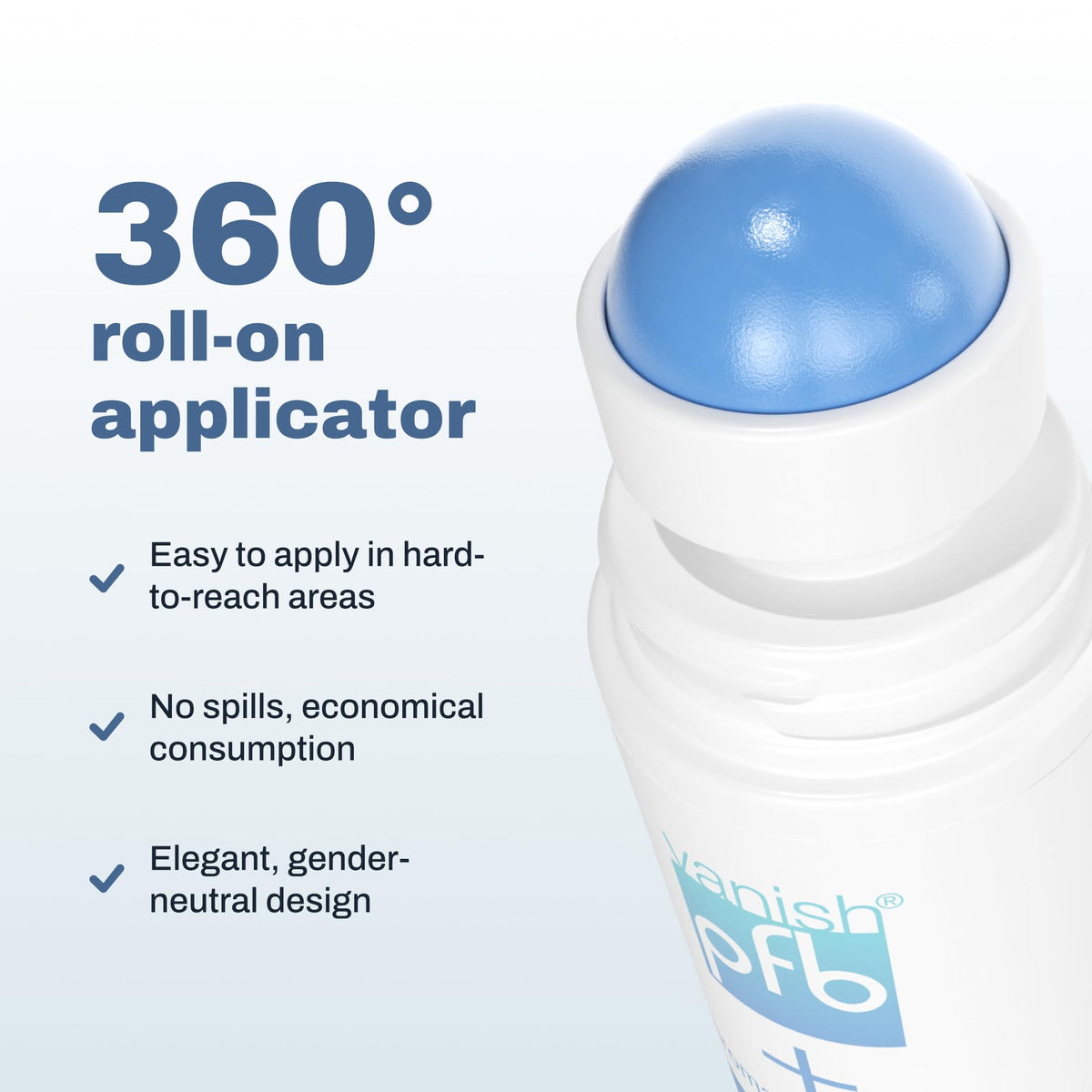 PFB Vanish skin care treatment serum showing the roll-on applicator for easy body use.