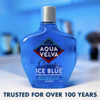 Aqua Velva authentic USA imported aftershave bottle showing the clear blue liquid