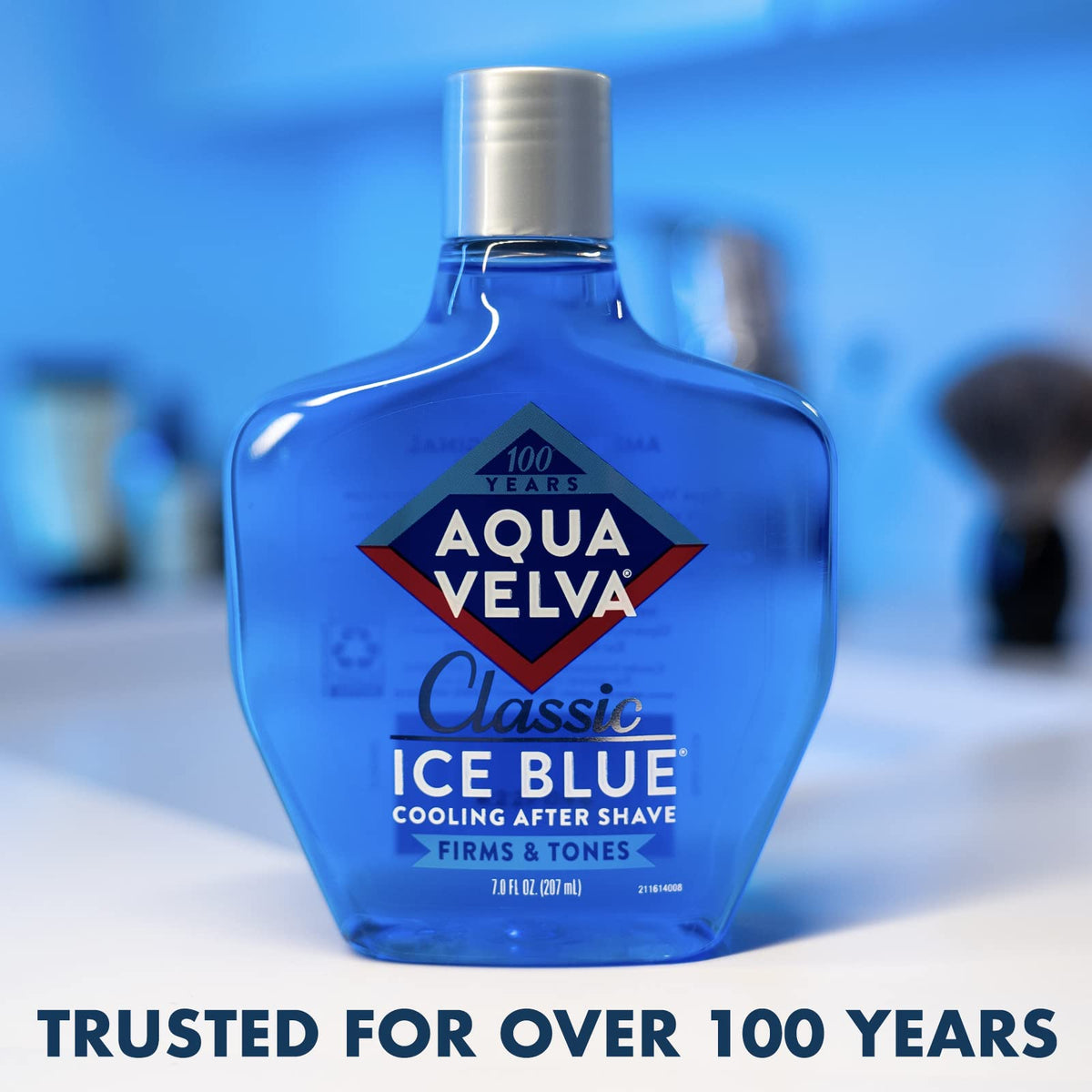 Aqua Velva authentic USA imported aftershave bottle showing the clear blue liquid