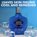 Close up of Aqua Velva cooling aftershave packaging with shatterproof bottle details