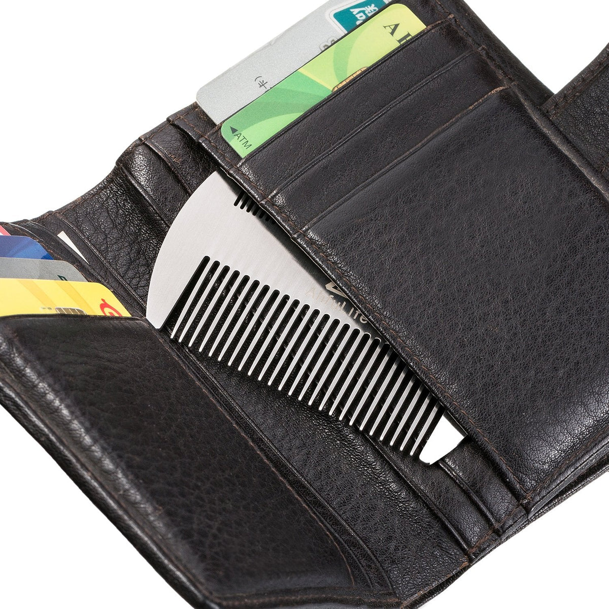 AhfuLife everyday carry wallet comb sliding into a leather credit card slot