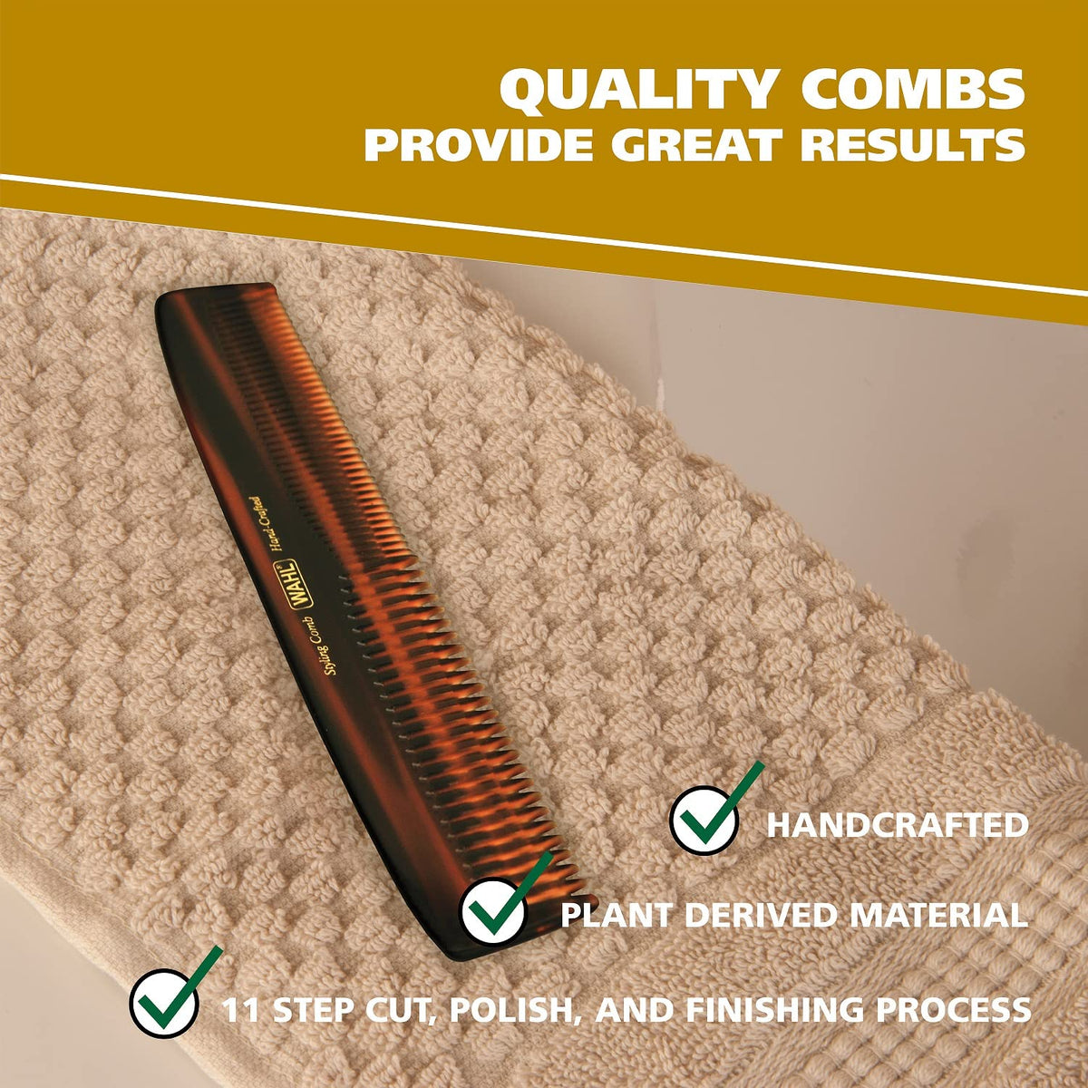 Wahl cellulose acetate men's grooming comb showing smooth tapered teeth close up