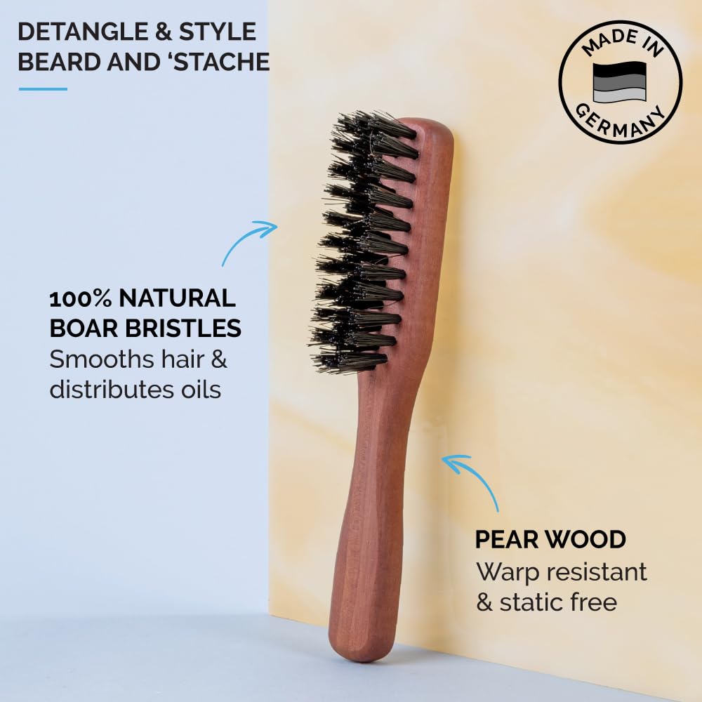 ZEUS natural boar bristle facial hair brush showcasing the premium pear wood handle design