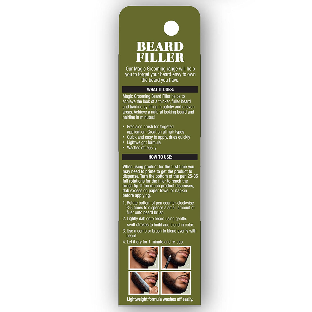 Back label of SoftSheen beard filler zero point zero five fluid ounce bottle showing ingredient list