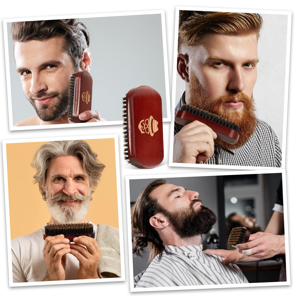 Authentic walnut wood beard brush with branded logo showing premium craftsmanship