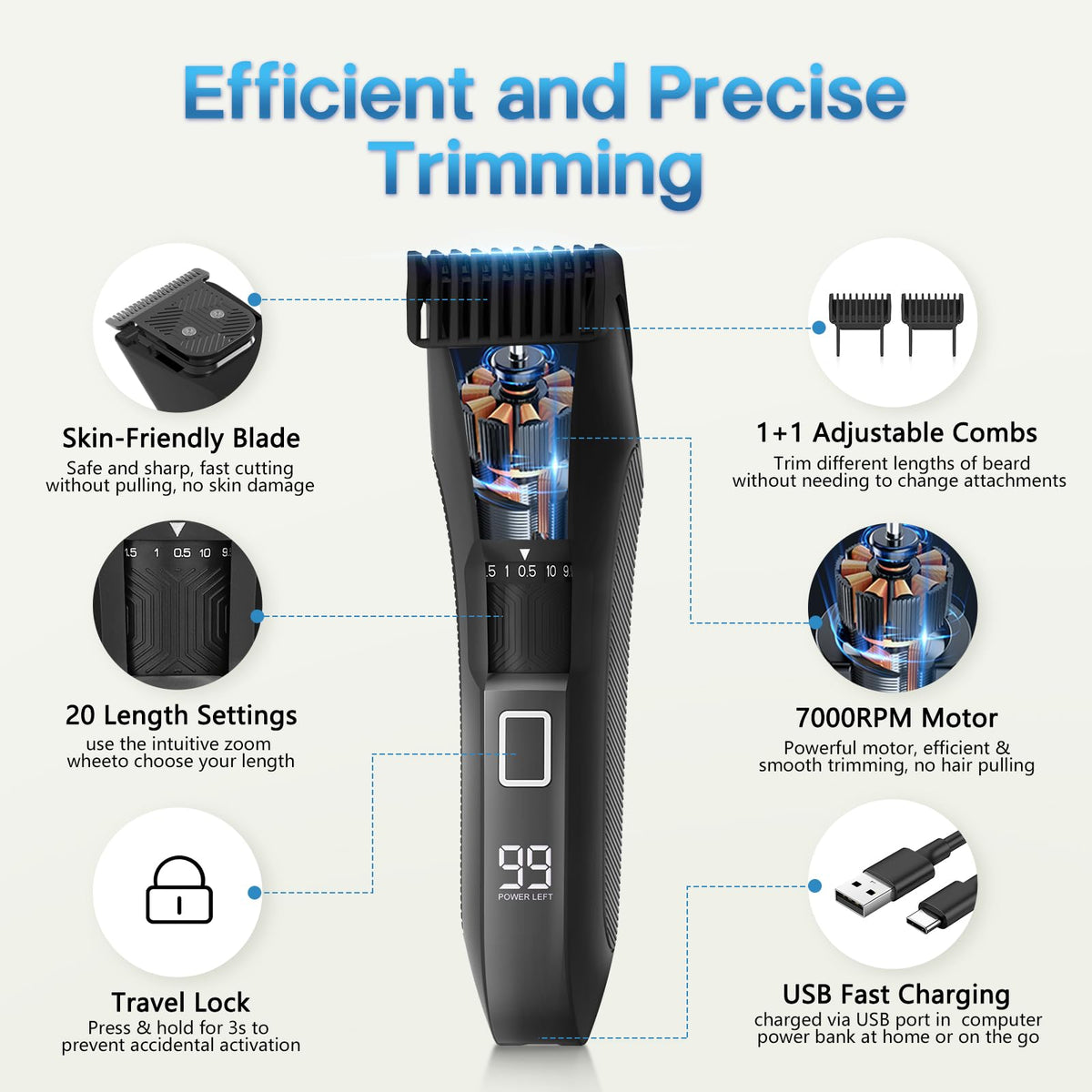 Close up of Beatslm beard trimmer stainless steel T-blade