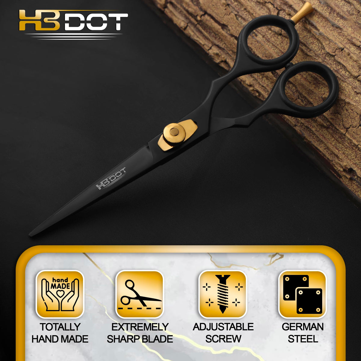 HB DOT precision mustache trimming shears displayed next to a black leather case