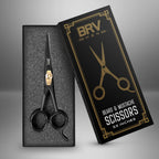 BRV MEN right handed grooming shears showing the adjustable tension screw and golden pivot pin.