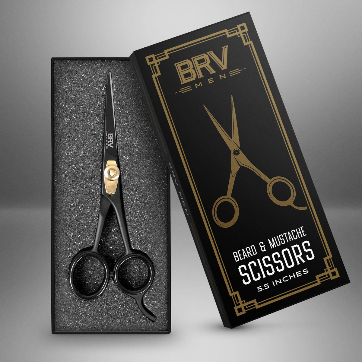 BRV MEN right handed grooming shears showing the adjustable tension screw and golden pivot pin.