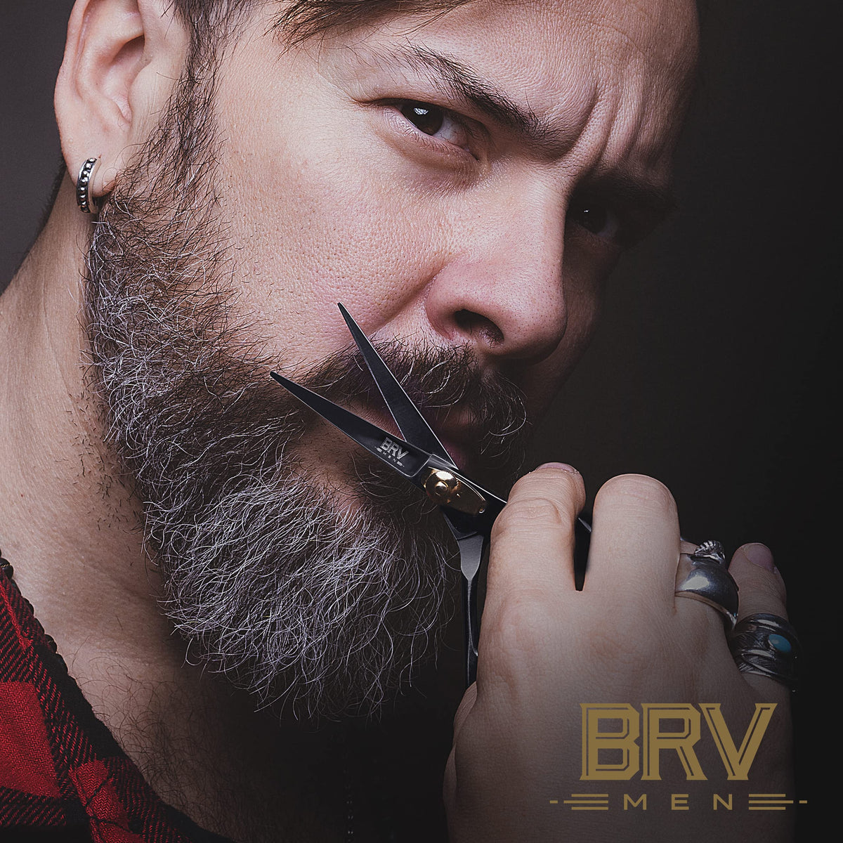 Premium black presentation box containing the BRV MEN professional facial hair trimming shears.