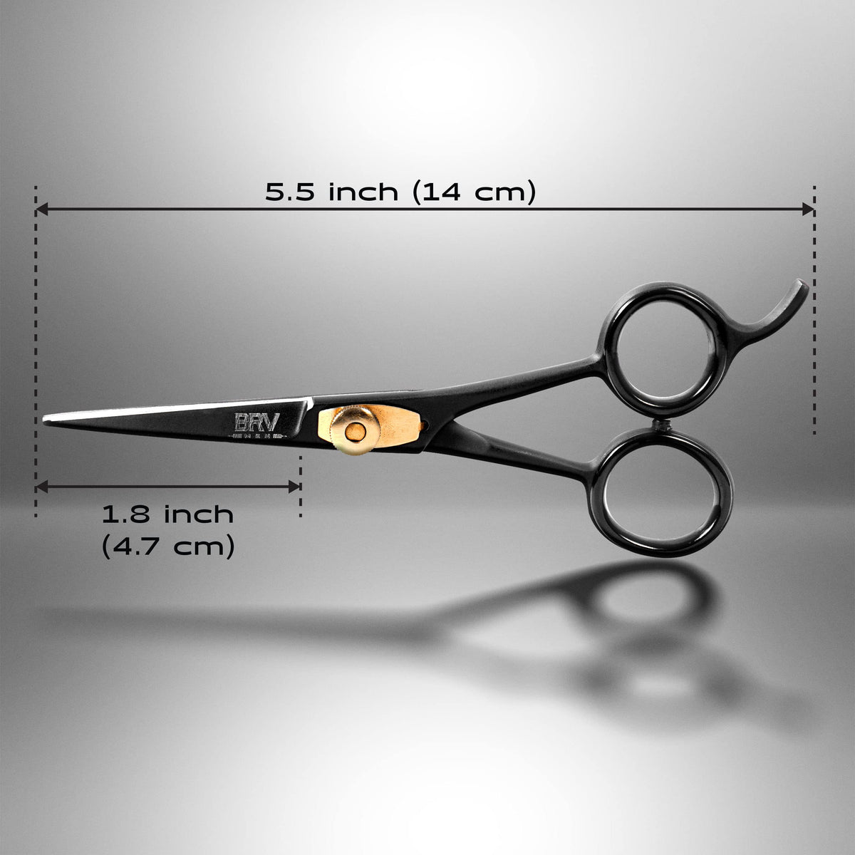 Side profile view of the ergonomic handle design on the BRV MEN right handed mustache scissors.
