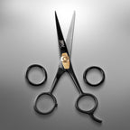 BRV MEN professional grooming shears opened wide to highlight the precise sharp bevel edge.