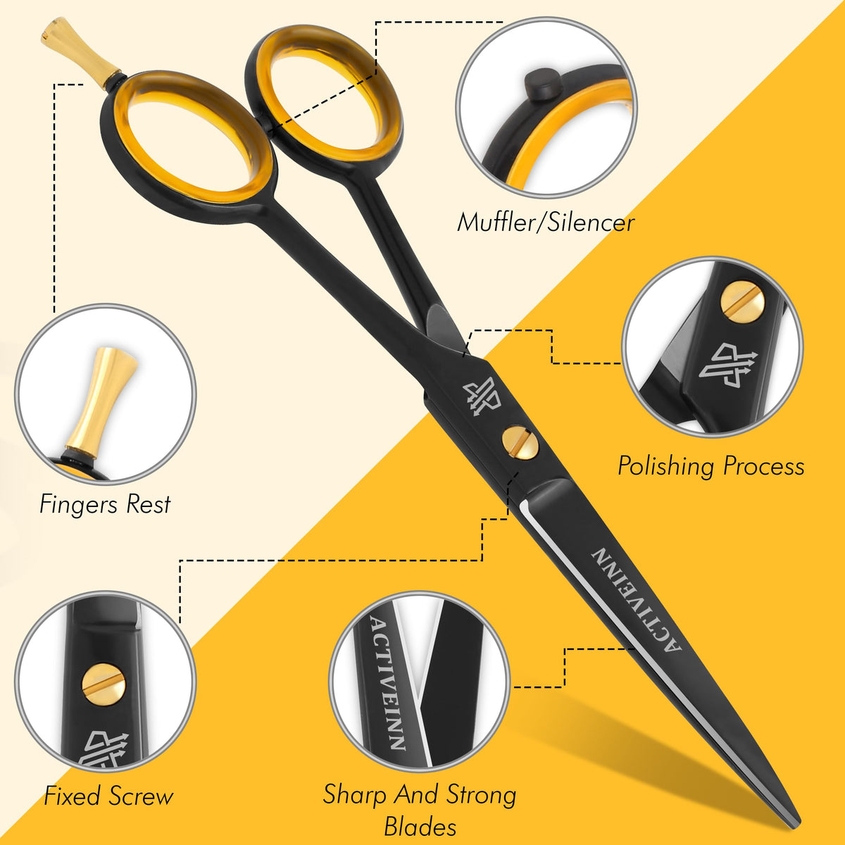 ACTIVEINN barber shears displaying the sharp 5.5 inch razor edge high carbon stainless steel blades.