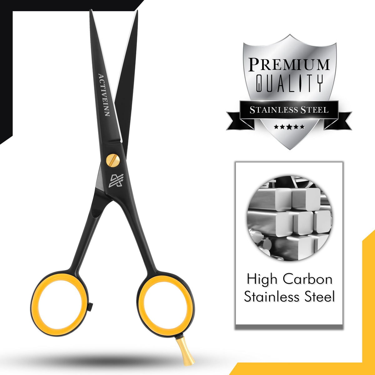 ACTIVEINN 5.5 inch hair scissors showing the hand crafted alignment of the high carbon steel blades.