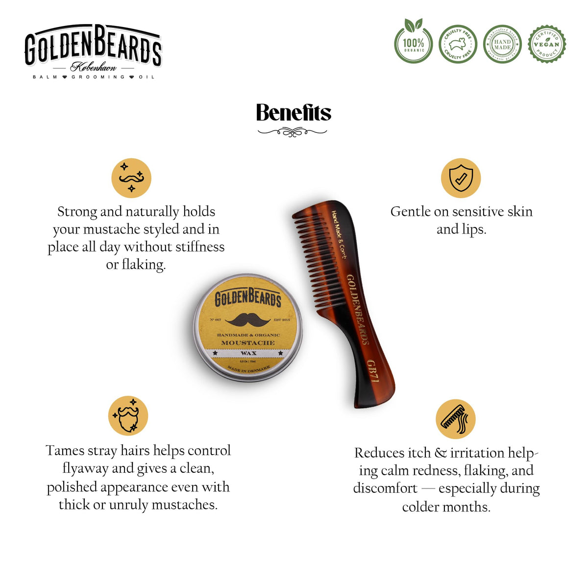 Side view of Golden Beards wax tin and comb set
