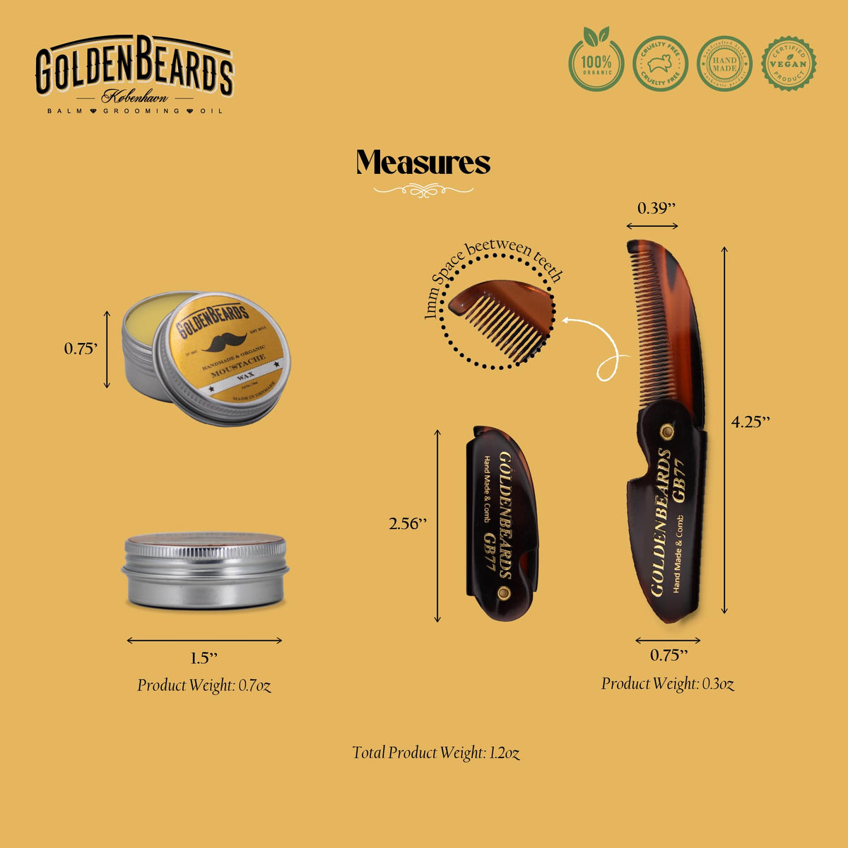 Close up of Golden Beards mustache wax and grooming accessories