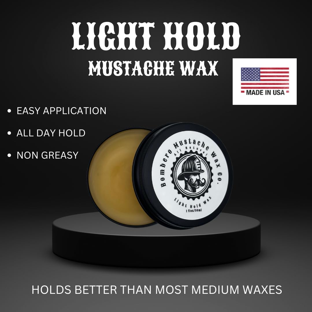 Open tin of Bombero Light Hold mustache wax showing texture
