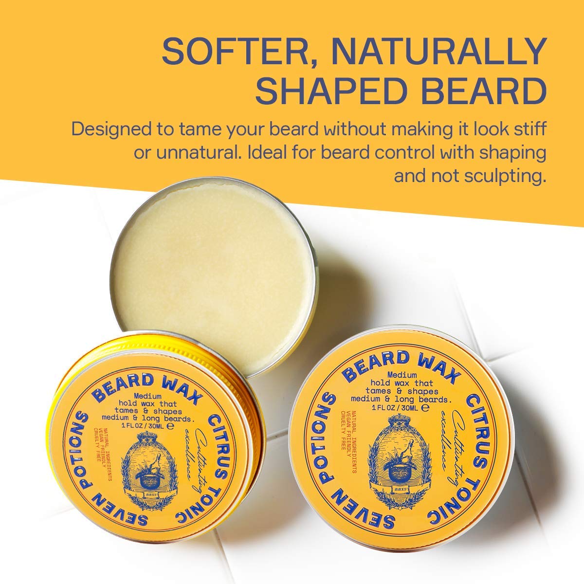 Seven Potions Beard Wax jar with natural ingredients label