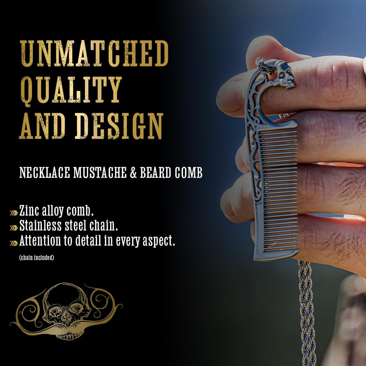 Death Grip metal necklace mustache comb detail