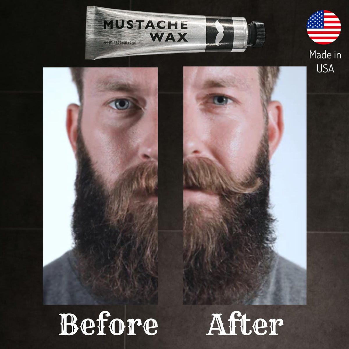 Close up of clear drying Alazco mustache wax texture