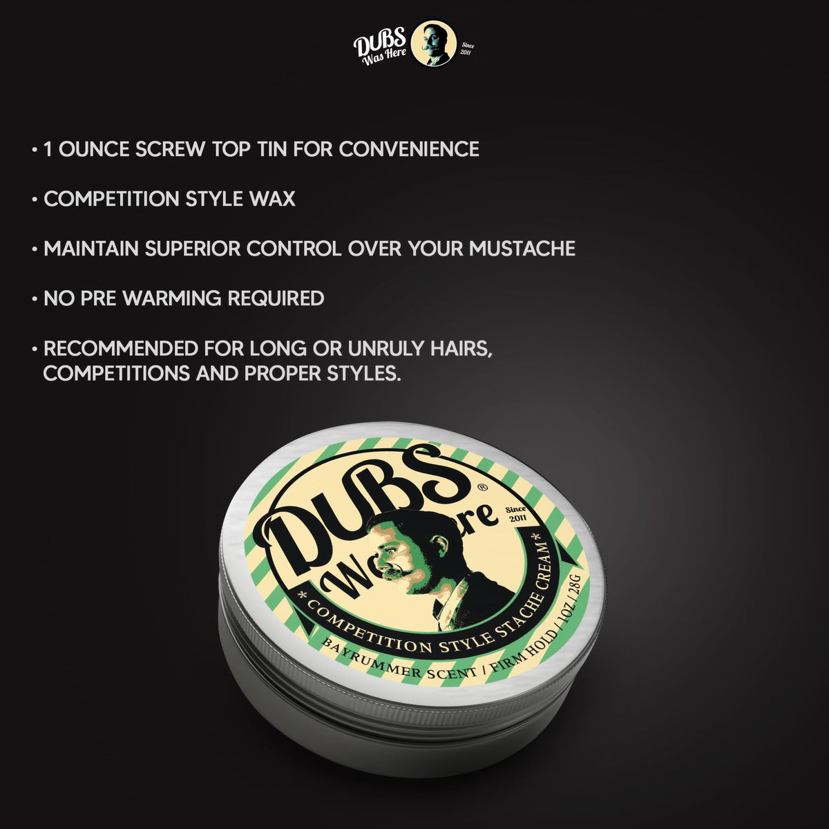 Close up of Dubs Was Here Bay Rum scent mustache wax label