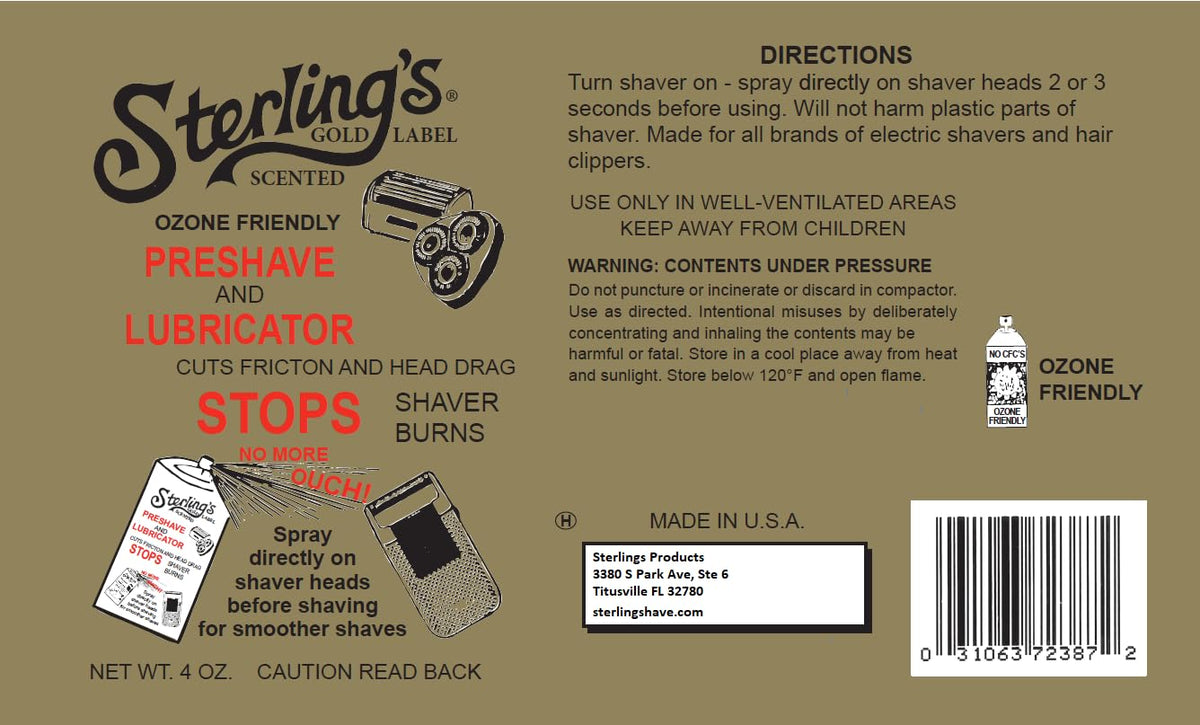 Back of Sterling's Gold Label Preshave spray bottle