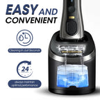 Qons razor cleaning solution next to electric shaver cartridge