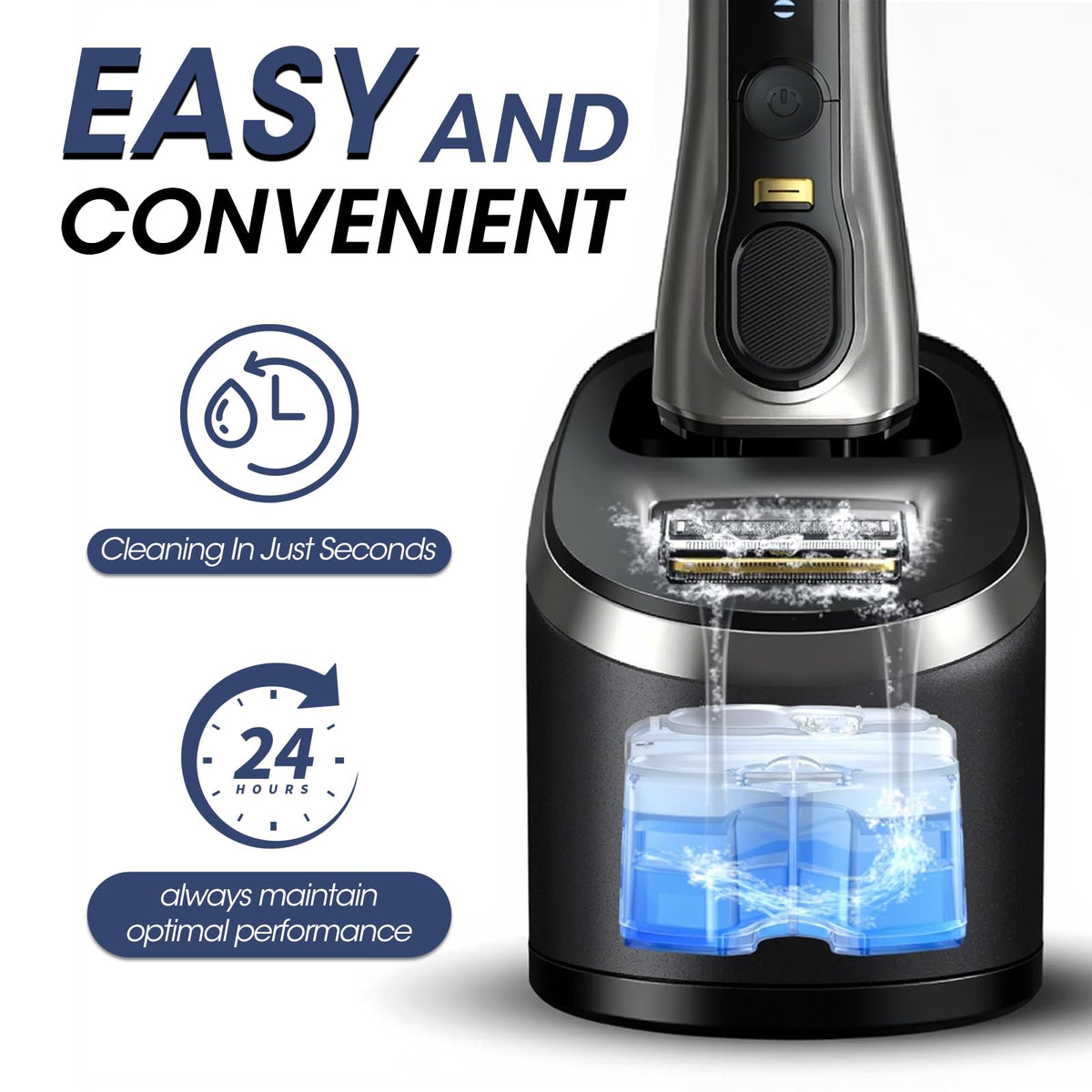 Qons razor cleaning solution next to electric shaver cartridge
