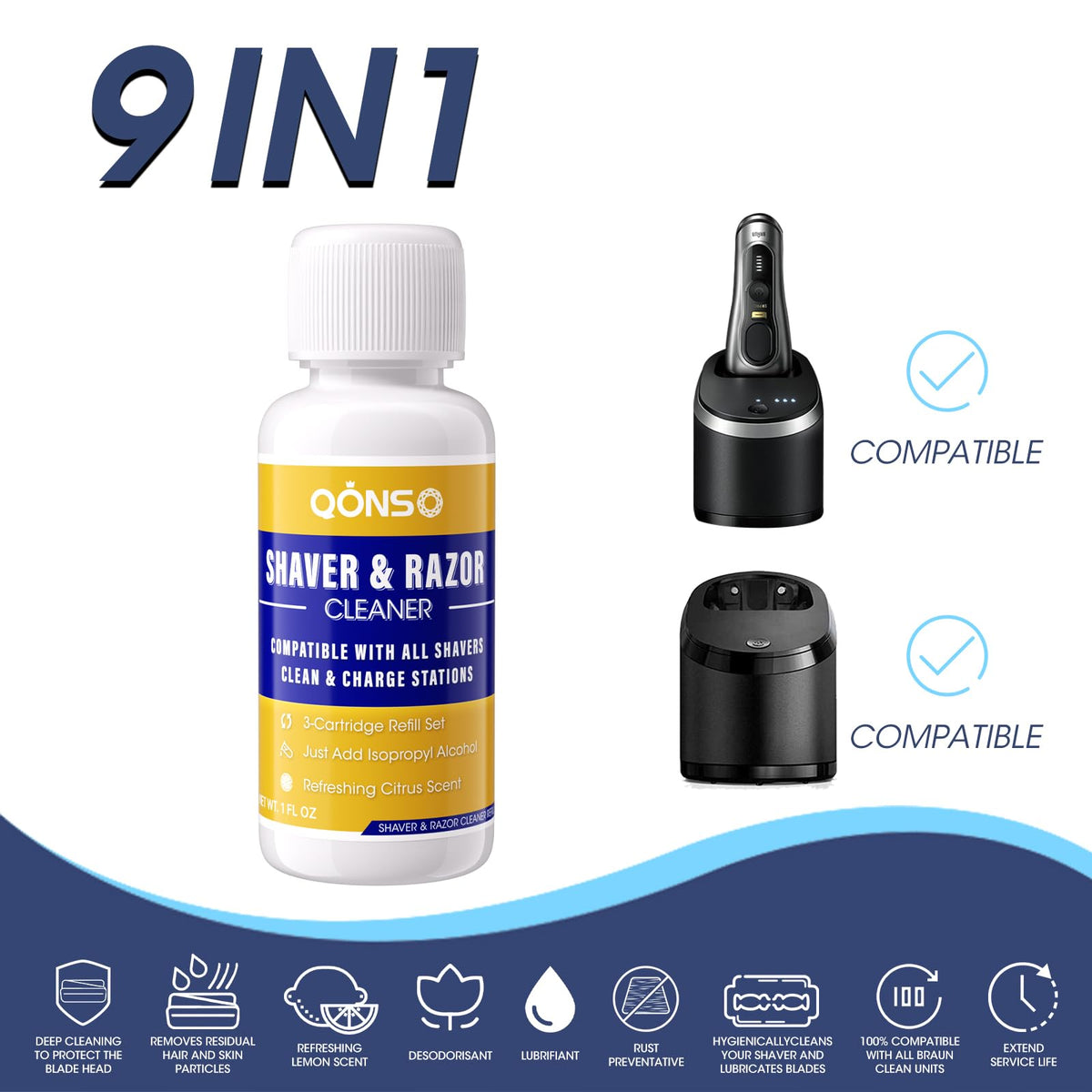 Qons clipper blade cleaner bottles showing citrus scent branding