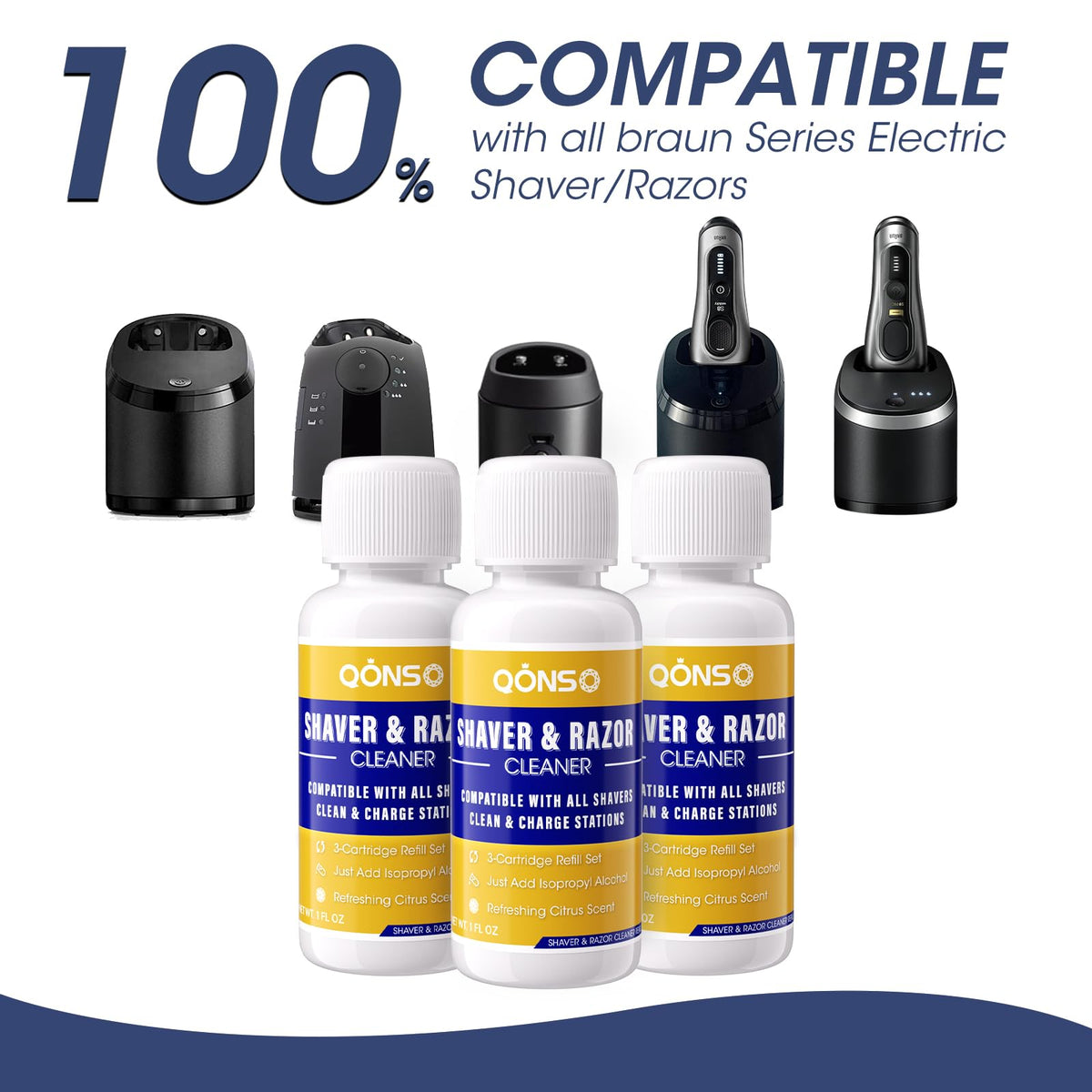 Three bottles of Qons shaver cleaning solution arranged neatly