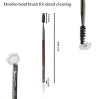 Dual-head cleaning brush with stiff and soft bristles for shaver maintenance.