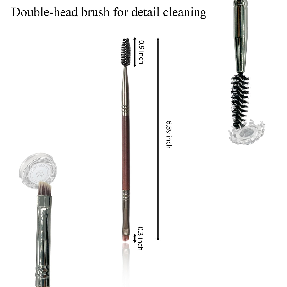 Dual-head cleaning brush with stiff and soft bristles for shaver maintenance.