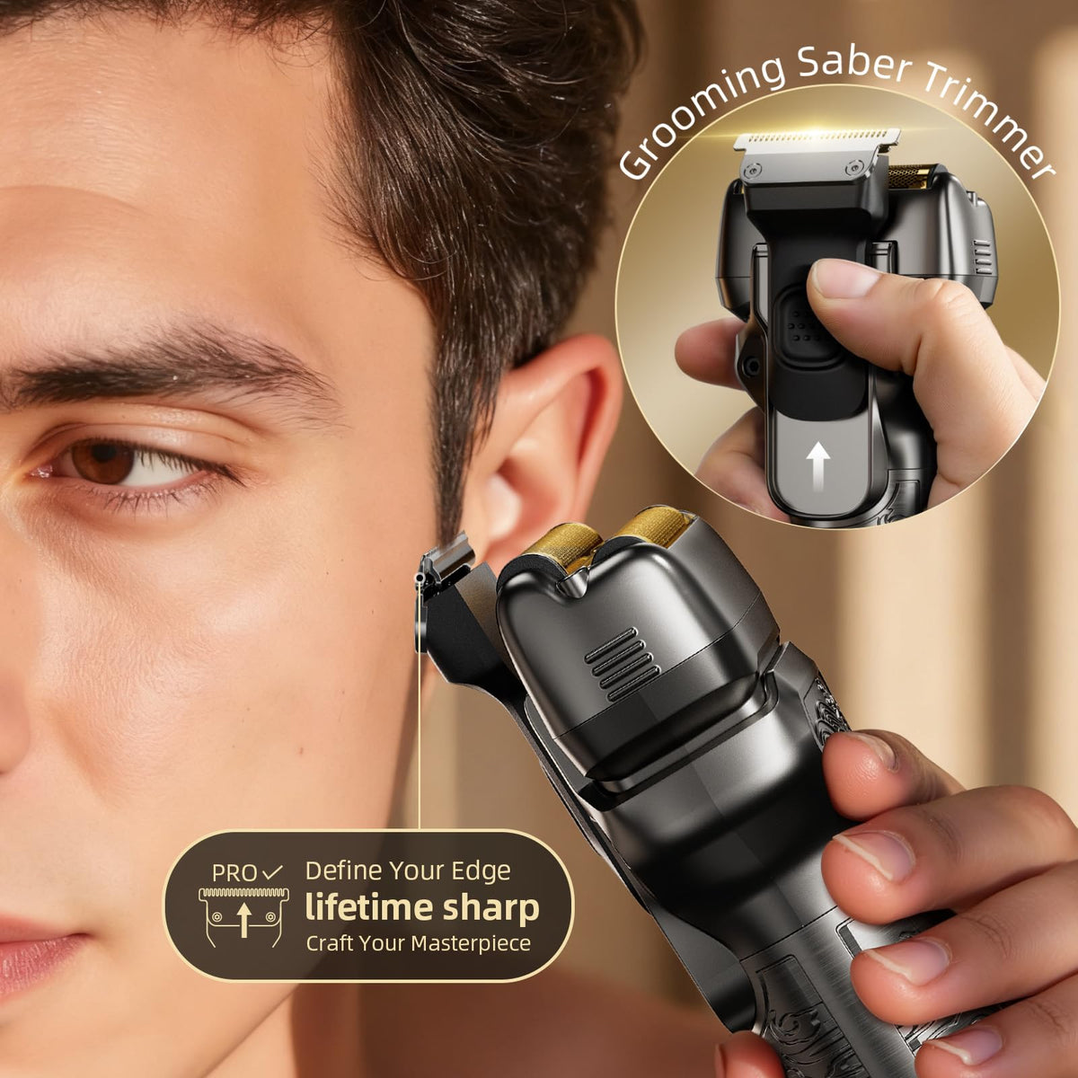 Close up of pop-up trimmer feature on AuralMax shaver