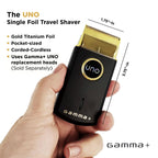 Gamma Plus Uno shaver inside travel pouch for portability